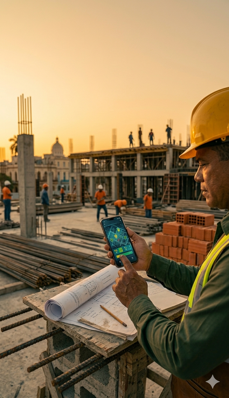 Encargado de obra registrando avances desde un teléfono en el campo.